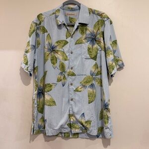 Tommy Bahama Silk Button Shirt Medium Blue Green Floral